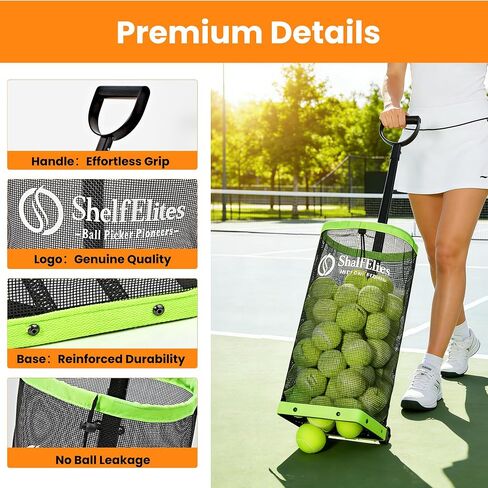 Tennis Ball Hopper with Telescopic Handle - Holds 50+ Tennis Balls or 40+ Pickleballs, Portable Tennis Ball Picker with Quiet Wheels，Built for Hard Courts & Daily Practice in Saudi Arabia