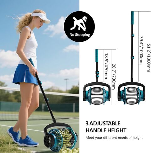Tennis Ball Collector Roller with Adjustable Handle, No-Bend Quick Rolling Picker for Tennis Court, Quick-Tip Ball Release for Fast Emptying, Large Hopper Holds 20+ Tennis Balls Save Time & Your Back in Kuwait