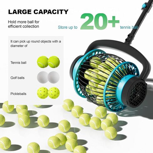 Tennis Ball Collector Roller with Adjustable Handle, No-Bend Quick Rolling Picker for Tennis Court, Quick-Tip Ball Release for Fast Emptying, Large Hopper Holds 20+ Tennis Balls Save Time & Your Back in Kuwait