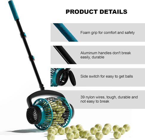 Tennis Ball Collector Roller with Adjustable Handle, No-Bend Quick Rolling Picker for Tennis Court, Quick-Tip Ball Release for Fast Emptying, Large Hopper Holds 20+ Tennis Balls Save Time & Your Back in Kuwait
