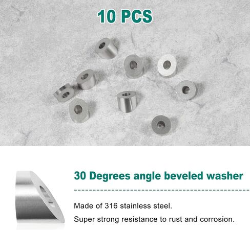 10 Pcs 1/4" 30 Degree Angle Beveled Washers, 316 Stainless Steel Angled Washers, Suit for 1/8" to 3/16" Wire Rope Cable Application in Kuwait