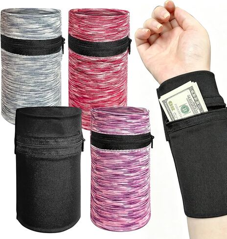 4 PCS Wrist Wallet for Women Men,Highly Stretchable Wallet Wristlet with Zippers,Lightweight Running Wristband, Suitable for Sports, Travel, Running, Walking, Hiking, and Other Activities—4 Colors in Kuwait