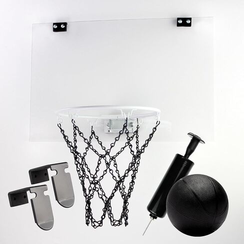 Clear Backboard MINI Basketball Hoop Set with White Rim and Metal Chain Net, Includes Door Hooks, Ball, Pump, 9-inch Hoop, 18x12 or 21x16 Backboard in Kuwait