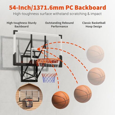54 Inch Wall Mounted Basketball Hoop – 8-10 ft Adjustable Height, Shatterproof PC Backboard, 18" Solid Rim – Indoor/Outdoor for Home Gym Backyard in Kuwait