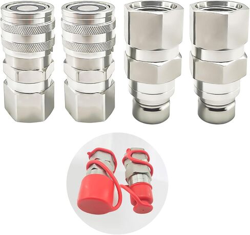 3/4" SAE Thread Flat Face Hydraulic Quick Connect Coupler Set Fit for Skid Steer,1/2" Body Heavy-Duty Carbon Steel Coupling with Dust Cap(4pcs) in Kuwait