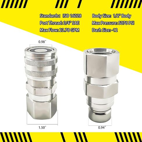 3/4" SAE Thread Flat Face Hydraulic Quick Connect Coupler Set Fit for Skid Steer,1/2" Body Heavy-Duty Carbon Steel Coupling with Dust Cap(4pcs) in Kuwait