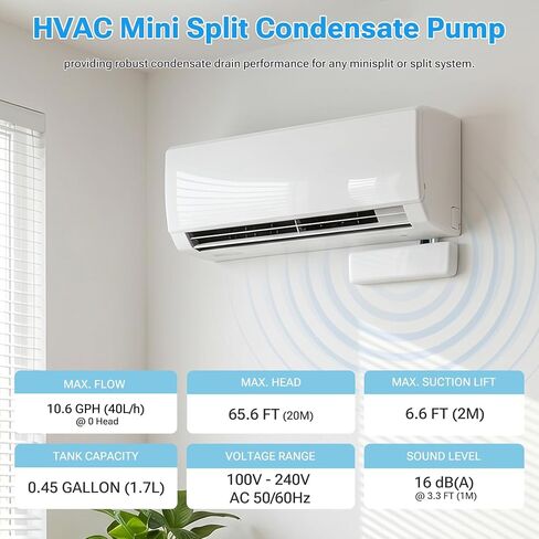 Mini Split Condensate Pum, 11 GPH, 100-240V AC, 50/60 Hz, Soft Start & Auto-Adjust Flow for Silence, Apacitive Sensor, Roviding Robust Condensate Drain Performance for Any Minisplit or Split System in Kuwait