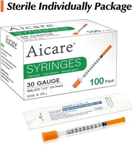 100 Pack 1 ml/cc 30G 1/2 Inch Syringe, Individually Packed in Kuwait