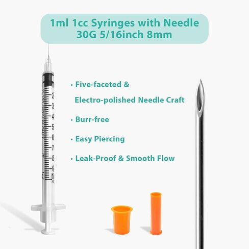 30PACK U-100 1ml Syringes with Needle, 30G 5/16'' (8mm) 1cc, Individual Wrapped Lab Supplies in Kuwait