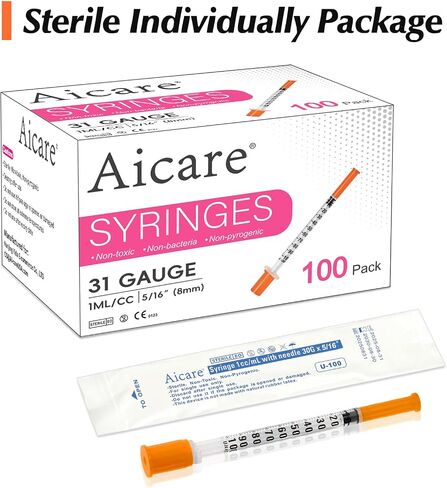 100 Pack 1 ml/cc 31 G 5/16 Inch Syringe, Individually Packed in Kuwait