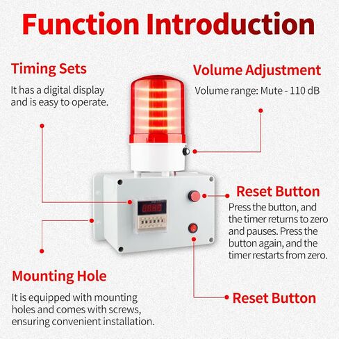 Cycle Timer Alarm with Flashing Light - 0-110dB Adjustable Siren, Automatic Repeat Timing for Industrial Safety, Facility Reminders, Workshops, Gyms, Kitchens, Laboratories (AC110V) in Kuwait