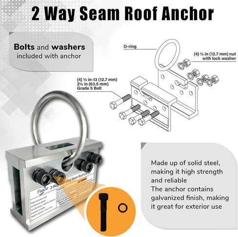 Comodazy 2-Way Standing Seam Roof Anchor Clamp with O-Ring and Bolts, 5,000 lbs Steel Anchor with OSHA & ANSI Compliant for Vertical Seam Metal Roofs, Rugged, Reusable & Compact Non-Penetrating Design in Kuwait