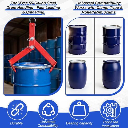 Vertical Drum Lifter 55 Gallon, 1100 Lbs Capacity Clamp for Steel & Plastic Barrels, Heavy Duty Material Handling Equipment, Secure Hydraulic Drum Grabber (Standard) in Kuwait