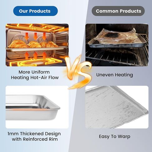 BIEAMA 6 Pack Stainless Steel Baking Sheet Pans, 12.5" L × 9.6" W × 1" H Cookie Sheets for Toaster Oven, Rust-Resistant, Dishwasher Safe in Kuwait