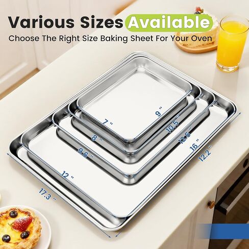 BIEAMA 6 Pack Stainless Steel Baking Sheet Pans, 12.5" L × 9.6" W × 1" H Cookie Sheets for Toaster Oven, Rust-Resistant, Dishwasher Safe in Kuwait