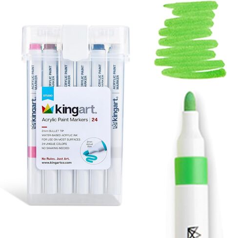 KINGART Acrylic Paint Markers (409-24), 24 Colors - 2mm Bullet Tip Marking Pen for Art Supplies - Versatile Ink for Glass, Wood, Fabric, Ceramic, Stone, Metal, Paper & more in Saudi Arabia