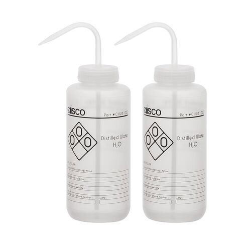 زجاجة غسيل EISCO 2PK للمياه المقطرة، 1000 مل - تحمل معلومات كيميائية ومعلومات السلامة (لون واحد) - فم واسع، تهوية ذاتية، مختبرات بولي إيثيلين منخفضة الكثافة in Kuwait