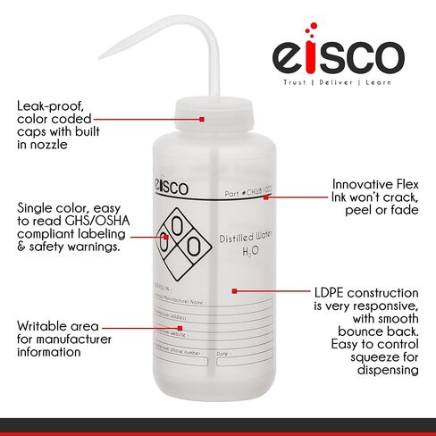 زجاجة غسيل EISCO 2PK للمياه المقطرة، 1000 مل - تحمل معلومات كيميائية ومعلومات السلامة (لون واحد) - فم واسع، تهوية ذاتية، مختبرات بولي إيثيلين منخفضة الكثافة in Kuwait