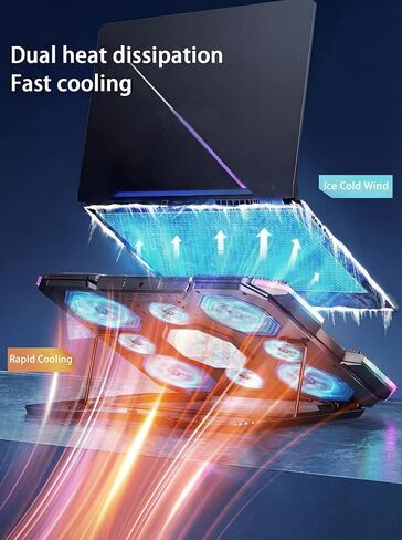 وسادة تبريد للكمبيوتر المحمول للألعاب مع 10 ألوان RGB وتبريد مزدوج بـ 5 سرعات - نظام تبريد أشباه الموصلات والمروحة، حامل قابل للتعديل بـ 7 ارتفاعات لأجهزة الكمبيوتر المحمولة حتى 21 بوصة in Kuwait