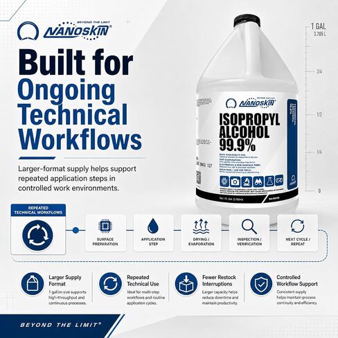 Nanoskin Isopropyl Alcohol 99.9% (IPA) 1 Gallon Pack of 4, High-Purity Technical Grade Alcohol Solvent, Fast-Evaporating Low-Residue Formula for Industrial & Laboratory Use in Kuwait