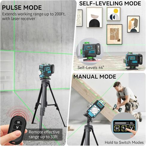 مستوى ليزر مع حامل ثلاثي القوائم، تسوية ذاتية 4 × 360 درجة ± 4 درجة مستوى ليزر، جهاز تحكم عن بعد 4D أخضر 16 خط أداة تسوية ليزر لأعمال النجارة والتجديد، مع بطاريات ليثيوم أيون 2 × 4800 مللي أمبير في الساعة وحقيبة حمل صلبة in Kuwait