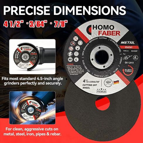 HOMO FABER 10 Pack - 4 1/2 Inch Cut Off Wheels for Metal (4.5" Angle Grinder Cutting Disc) - 3/64" Thick, 7/8" Arbor. Fits Most Angle Grinders, Durable Grinder Blades for Steel, Iron, Pipe. in Kuwait