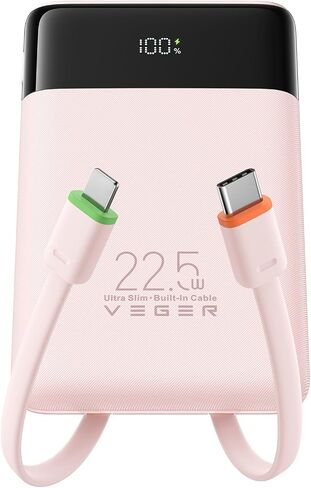 شاحن محمول VEGER مع كابلات مدمجة، بطارية رفيعة 10000 مللي أمبير PD 22.5 وات شحن سريع USB C، 4 مخارج 3 مداخل حزمة بطارية متوافقة مع iPhone 16 15 14 13 Samsung iPad - ضروري للسفر in Kuwait