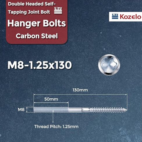8 قطع براغي تعليق - [M8-1.25x130] براغي خشبية مزدوجة الرأس لتجميع الأثاث الخشبي وإصلاحه، بقع وصلات قضيب توركس مزدوجة الأطراف، طلاء زنك فضي in Kuwait