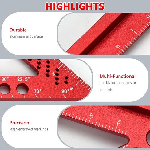 Aluminum Alloy Square Ruler, Compact Size, Laser Etched Markings, for Carpentry, Woodworking, Furniture Projects (Red) in Kuwait