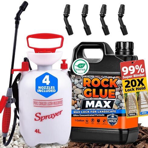 JDiction Rock Glue MAX للمناظر الطبيعية مع بخاخ 1 جالون - غلاف المهاد والغراء الصخري لحصى البازلاء، المهاد المطاطي، الحصى والحجر، مقاوم للماء، يجف بشكل شفاف in Kuwait