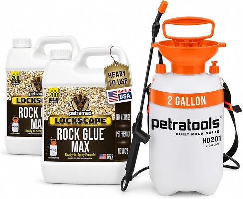 مجموعة المناظر الطبيعية من PetraMax Lockscape Rock Glue - (عبوتان) 1 جالون من الغراء الصخري للحصى والحصى مع بخاخ مضخة Petratools HD201 سعة 2 جالون، ومثبت حجري لأسرة الحديقة والممرات in Kuwait