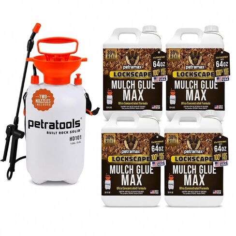 مجموعة PetraMax Lockscape Mulch Glue للمناظر الطبيعية - 32 أونصة (4 عبوات) غراء Mulch + بخاخ مضخة Petratools HD101 سعة 1 جالون، مثبت المهاد للنباح وقش الصنوبر ورقائق الخشب وأسرة الحديقة in Kuwait