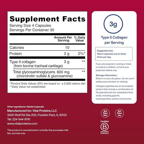 Vital Proteins Cartilage Collagen Pills, Type II Collagen & Chondroitin Sulfate Supplement for Recovery & Healthy Hair, Skin, Nails and Joints - 750 mg Serving with 120 Capsules in Saudi Arabia