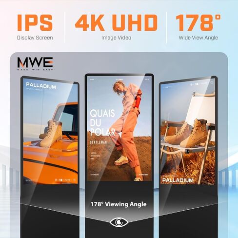 كشك عرض لافتات رقمية MWE مقاس 65 بوصة بدقة 4K، ملصق عرض إعلاني قائم على الأرضية الداخلية، شاشة LCD تجارية مع مشغل وسائط تلقائي، نظام Android، HDMI/USB/WiFi in Kuwait