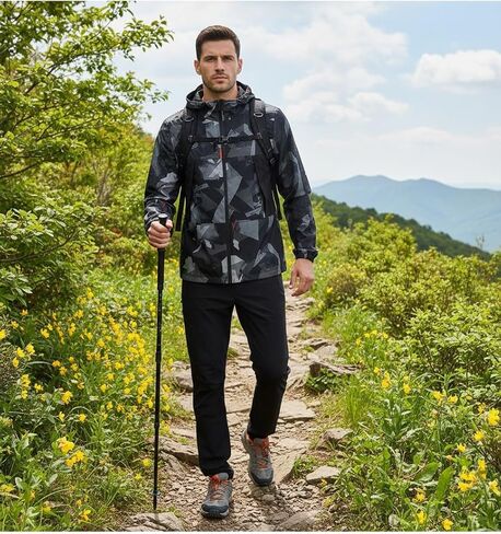 Men's Lightweight Windbreaker Jacket Hooded Quick Dry Hiking Coat - Spring Fall Camo Pattern Outdoor Sports Jacket - Breathable Water Resistant Camping Climbing Running Outerwear-XL in Kuwait