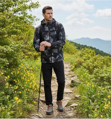Men's Lightweight Windbreaker Jacket Hooded Quick Dry Hiking Coat - Spring Fall Camo Pattern Outdoor Sports Jacket - Breathable Water Resistant Camping Climbing Running Outerwear-XL in Kuwait