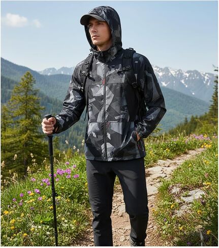 Men's Lightweight Windbreaker Jacket Hooded Quick Dry Hiking Coat - Spring Fall Camo Pattern Outdoor Sports Jacket - Breathable Water Resistant Camping Climbing Running Outerwear-XL in Kuwait