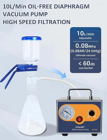 Mini Adjustable Lab Vacuum Pump, LVDALAB 10L/Min Oil-Free Diaphragm Vacuum Pump, Portable Oilless Pump for Desktop Laboratory Filtration, Solvent Recovery and Resin Degassing,w/2 Silicone Hoses in Kuwait