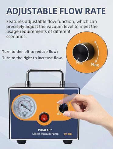 Mini Adjustable Lab Vacuum Pump, LVDALAB 10L/Min Oil-Free Diaphragm Vacuum Pump, Portable Oilless Pump for Desktop Laboratory Filtration, Solvent Recovery and Resin Degassing,w/2 Silicone Hoses in Kuwait