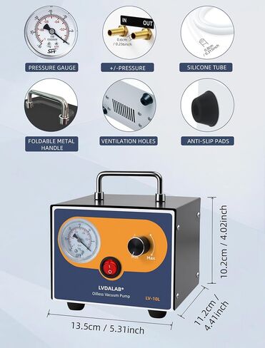 Mini Adjustable Lab Vacuum Pump, LVDALAB 10L/Min Oil-Free Diaphragm Vacuum Pump, Portable Oilless Pump for Desktop Laboratory Filtration, Solvent Recovery and Resin Degassing,w/2 Silicone Hoses in Kuwait