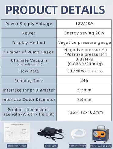 Mini Adjustable Lab Vacuum Pump, LVDALAB 10L/Min Oil-Free Diaphragm Vacuum Pump, Portable Oilless Pump for Desktop Laboratory Filtration, Solvent Recovery and Resin Degassing,w/2 Silicone Hoses in Kuwait