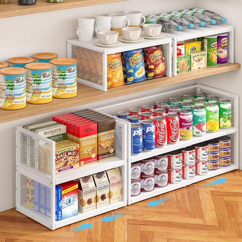 2 Pack Expandable Metal Storage Shelves, Stackable Heavy Duty Metal Shelving Units and Storage, Adjustable Pantry and Kitchen Organizers Shelf, Countertop Cabinet Rack for Can Plate Mug Cups, White in Saudi Arabia