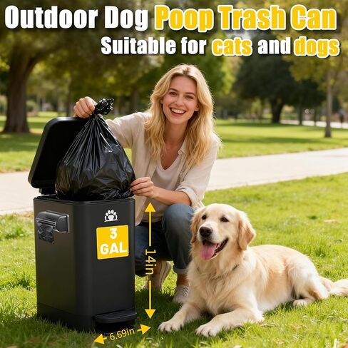Dog Poop Trash Can Outside,3Gal Metal Outdoor Trash Can,Outdoor Dog Poop Trash Can with Lid for Odor Control,Waterproof Dog Waste Trash Can - Includes Poop Scooper for Dogs & Bin Bag Holder (Black) in Saudi Arabia