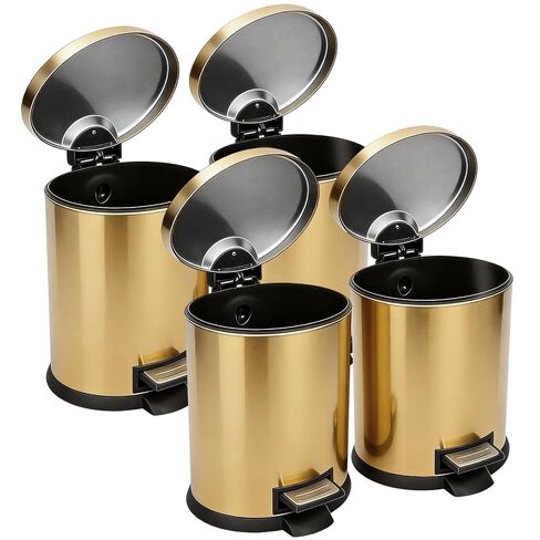 SIMPLYKLEEN Bathroom Trash Can with Lid - 2PC 1.3 Gallon/ 5L Oval Small Trash Can with Soft-Close Lid, Foot Pedal, Brushed Stainless Steel, Removable Liner, Garbage can for Kitchen, Office, Home Gold in Kuwait