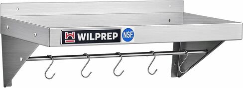 Wilprep NSF Stainless Steel Wall Mount Shelf, 12 x 24 Inch Commercial Kitchen Shelf with 10 Hooks & Brackets, 220lb Heavy Duty Metal Hanging Storage for Restaurant, Laundry Room & Garage in Saudi Arabia