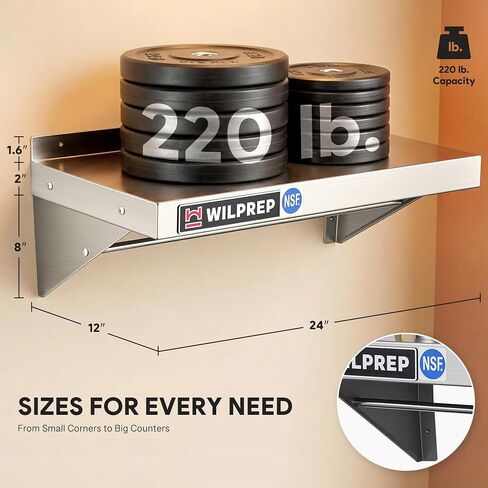 Wilprep NSF Stainless Steel Wall Mount Shelf, 12 x 24 Inch Commercial Kitchen Shelf with 10 Hooks & Brackets, 220lb Heavy Duty Metal Hanging Storage for Restaurant, Laundry Room & Garage in Saudi Arabia