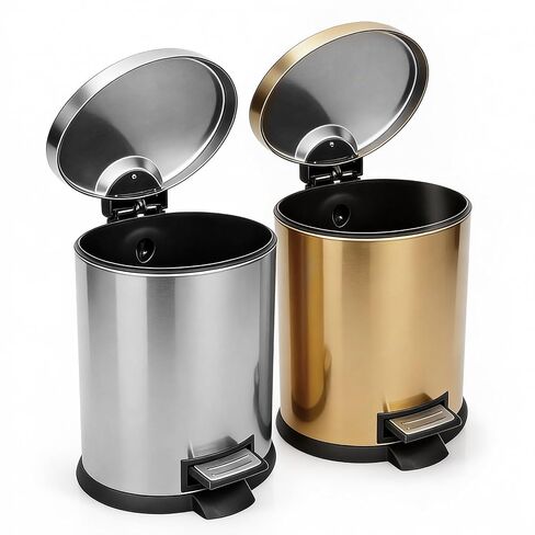 SIMPLYKLEEN Bathroom Trash Can with Lid - 2PC 1.3 Gallon/ 5L Oval Small Trash Can with Soft-Close Lid, Foot Pedal, Brushed Stainless Steel, Removable Liner, Garbage can for Kitchen, Office, Home Gold in Kuwait