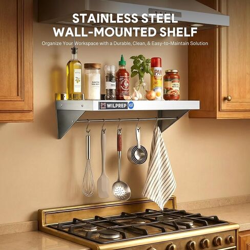 Wilprep NSF Stainless Steel Wall Mount Shelf, 12 x 24 Inch Commercial Kitchen Shelf with 10 Hooks & Brackets, 220lb Heavy Duty Metal Hanging Storage for Restaurant, Laundry Room & Garage in Saudi Arabia