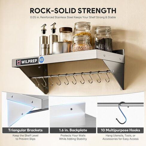 Wilprep NSF Stainless Steel Wall Mount Shelf, 12 x 24 Inch Commercial Kitchen Shelf with 10 Hooks & Brackets, 220lb Heavy Duty Metal Hanging Storage for Restaurant, Laundry Room & Garage in Saudi Arabia