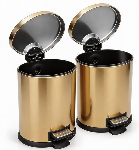 SIMPLYKLEEN Bathroom Trash Can with Lid - 2PC 1.3 Gallon/ 5L Oval Small Trash Can with Soft-Close Lid, Foot Pedal, Brushed Stainless Steel, Removable Liner, Garbage can for Kitchen, Office, Home Gold in Kuwait